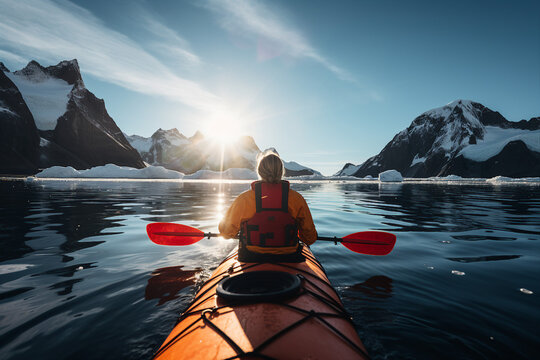 Frosty antarctic day landscape tourists expedition with polar animals extreme hiking Generative AI image