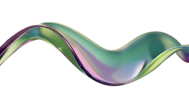 Abstract liquid glass shape with colorful reflections. Ribbon of curved water with glossy color wavy fluid motion. Chromatic dispersion flying and thin film spectral effect.