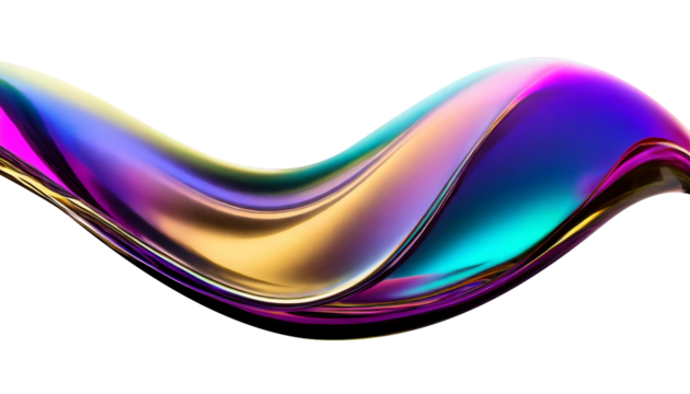 Abstract liquid glass shape with colorful reflections. Ribbon of curved water with glossy color wavy fluid motion. Chromatic dispersion flying and thin film spectral effect.