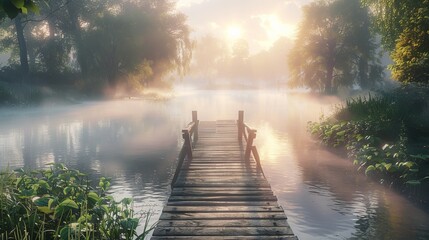 fog over the lake, morning sunlight, wooden bridge - Powered by Adobe