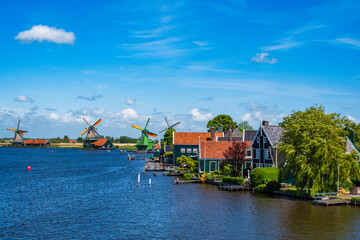 The windmills of Zaanse Schans in the Netherlands on a sunny day