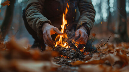 Man warming hands near burning firewood in forest closeup - Powered by Adobe