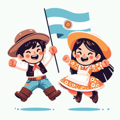 illustration of children in traditional Argentine clothing happily celebrating an Argentine independence day