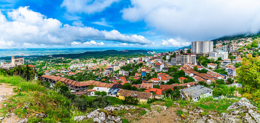 Fototapeta premium A panorama view from the Castle over the city and countryside around Kruja, Albania in summertime