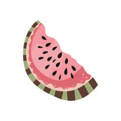 Bright piece of watermelon with black seeds, vector illustration. Summer time, summer joys, vacation.