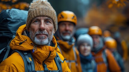 Mature hikers wearing yellow jackets gathered in a forest with autumn leaves