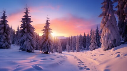 Beautiful winter landscape with snow covered trees and mountains at sunset. Generative AI.