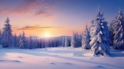 Fototapeta premium Beautiful winter landscape with snow covered trees and mountains at sunset. Generative AI.