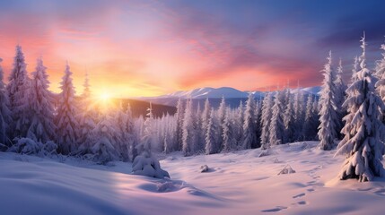 Beautiful winter landscape with snow covered trees and mountains at sunset. Generative AI.
