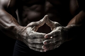 Fototapeta premium African athlete sprinkles talcum powder on his hands for gymnastic exercises