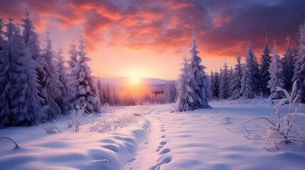 Beautiful winter landscape with snow covered trees and mountains at sunset. Generative AI.