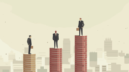 Rich and Poor Economic Inequality Depicted by Businessmen on Coin Towers