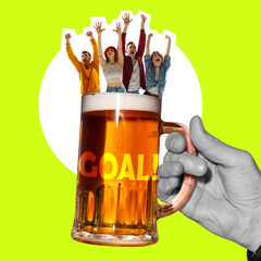 Poster. Contemporary art collage. Hand holding mug of beer with inscription goal and joyful football fans on top. Trendy magazine style. Concept of soccer championship, fans, celebration. Ad