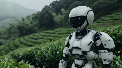 A white humanoid robot with a black visor standing in lush green valley
