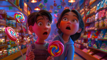 A surprised boy and girl in a candy store, with huge lollipops and candies everywhere