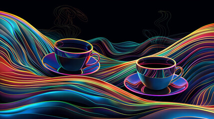 Trippy vector art of coffee cups floating on the psychedelic landscape, swirling colors and glowing neon lines, vivid colors, black background