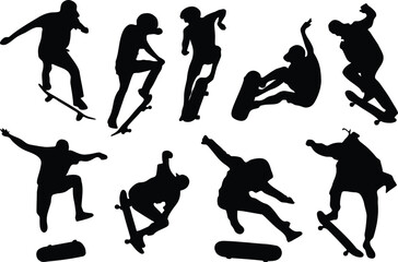 Skateboard Tricks Silhouettes, people silhouettes with transparent background, named, organized and editable layers  © Haphsa Designs