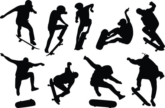 Skateboard Tricks Silhouettes, people silhouettes with transparent background, named, organized and editable layers	