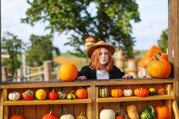 a beautiful girl with red hair is standing at the table in autumn There are small pumpkins on the...