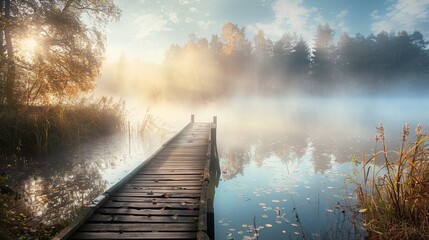 fog over the lake, morning sunlight, wooden bridge