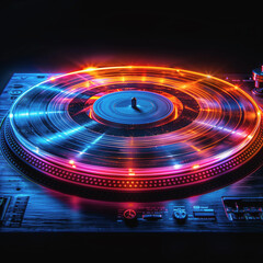 Close-up of Vinyl Turntable with Colorful Lights
