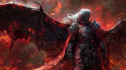 drow warrior with abyss-touched armor, red wings, and full plate mail in a fiery background