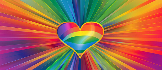 Wide gradient backdrop in LGBTQ pride colors with a central heart in spectrum hues.