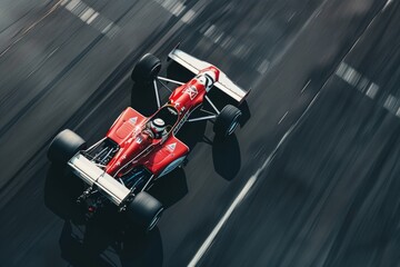 Race car driving fast on the track, view from above