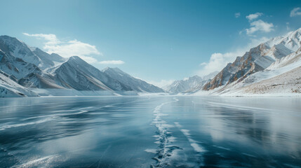 Obraz premium Snow-capped mountains and a frozen river landscape background