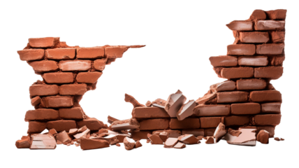 Broken brick wall isolated on transparent png background.

