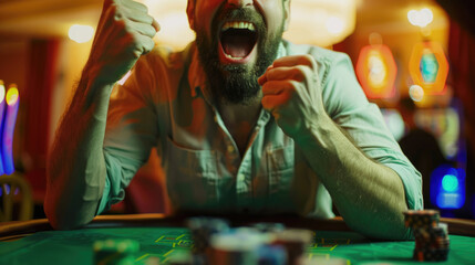 A Man Celebrates Winning Money at Casino