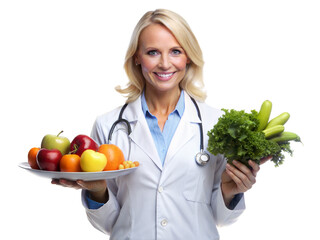 A cheerful female doctor holds a plate of fruits and greens, promoting healthy eating habits with a confident smile