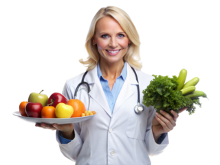 A cheerful female doctor holds a plate of fruits and greens, promoting healthy eating habits with a confident smile