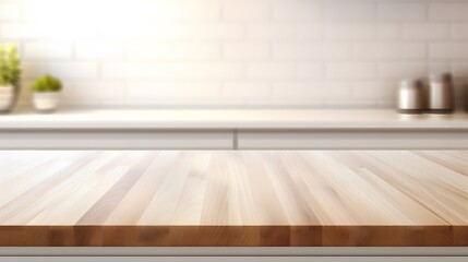 Minimalist wooden table in modern white kitchen. Product presentation mockup. Generative AI.