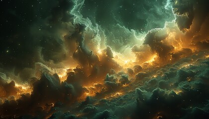 Obraz premium Abstract cosmic clouds with swirling colors of gold and green.