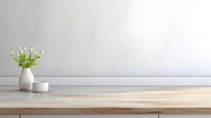 Minimalist wooden table in modern white kitchen. Product presentation mockup. Generative AI.