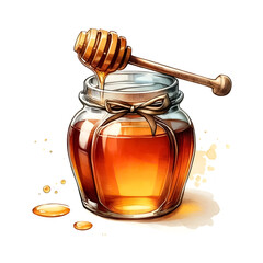 An illustration for summer, rendered in watercolor style, Honey jar clipart with a honey dipper.