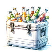 An illustration for summer, rendered in watercolor style, Cooler clipart filled with refreshing drinks.