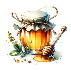 An illustration for summer, rendered in watercolor style, Honey jar clipart with a honey dipper.