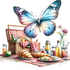 An illustration for summer, rendered in watercolor style, Butterfly clipart fluttering above the picnic.