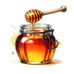 An illustration for summer, rendered in watercolor style, Honey jar clipart with a honey dipper.