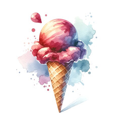 An illustration for summer, rendered in watercolor style, Ice cream cone clipart with a scoop of ice cream.