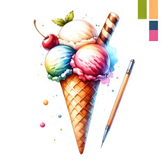 An illustration for summer, rendered in watercolor style, Ice cream cone clipart with a scoop of ice cream.