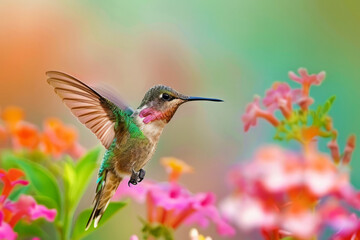 Fototapeta premium Hummingbird Hovering Near Vibrant Flowers in Tropical Jungle. Colibri bird against blurred natural background. Concept of harmony between wildlife and nature