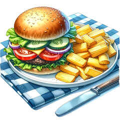 An illustration for summer, rendered in watercolor style, Picnic plate clipart with a burger and chips.