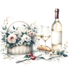 An illustration for summer, rendered in watercolor style, Wine bottle and glasses clipart for a romantic picnic.