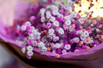 Tiny colored baby breath flowers, pink, white and purple dyed bouquet, bokeh bg