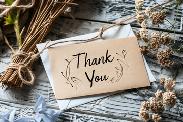 Thank you card with elegant calligraphy text. Hand-lettered words Thank You on paper greeting card