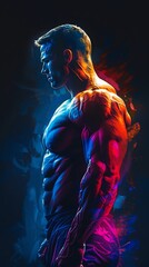 Vibrant artistic portrait of a muscular man, highlighting strength and fitness with colorful lighting in a dramatic pose.
