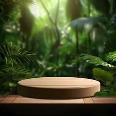 Wooden podium in tropical forest for product presentation. Generative AI.